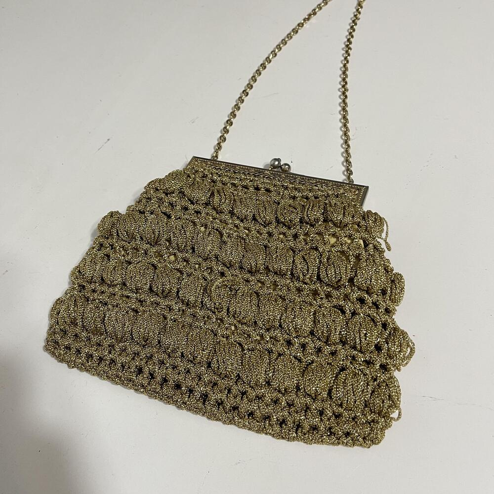 Vintage Delill Shoulder Bag Womens Mini Gold Metallic Crochet Evening Italy